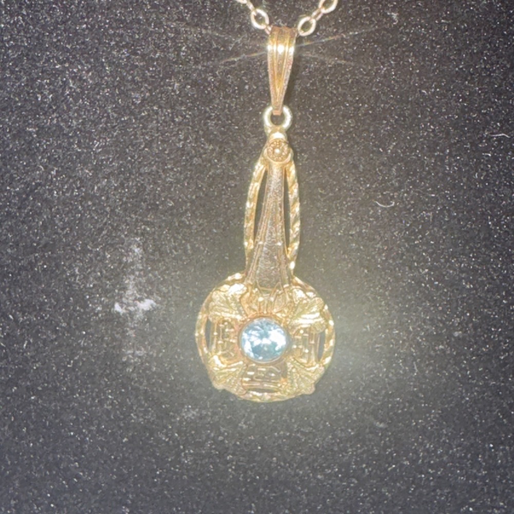 AMCO Aquamarine Filigree Pendant 14 1-20 Karat Gold Necklace Vintage Jewelry